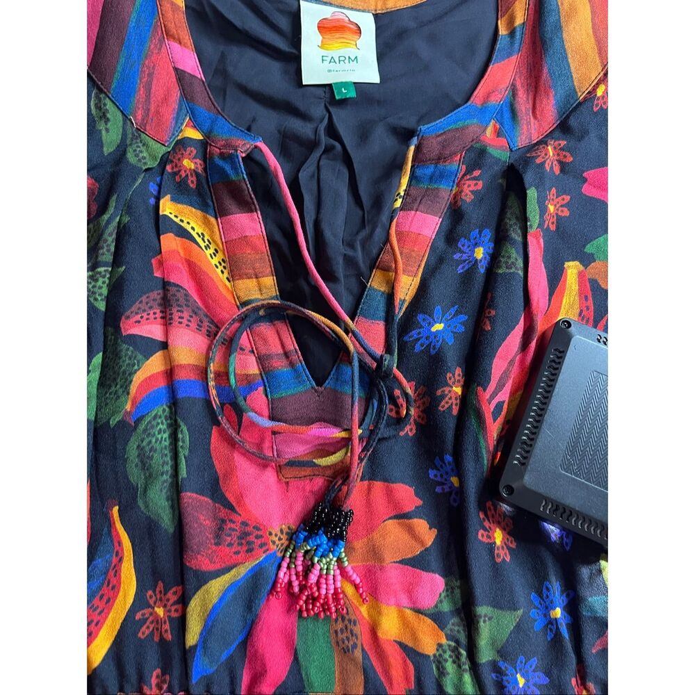 FARM Rio Floral Stripe Boho Dress Women’s Size Large Multicolor Tassel Tie - Picture 3 of 11